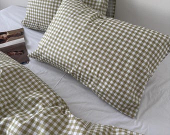 Green Gingham Bedding Set, Sage Green Checkered Duvet Cover, Fitted Sheet & Pillowcases