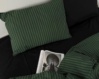 Striped Green and Black Cotton Bedding Set: Duvet Cover & Pillowcases
