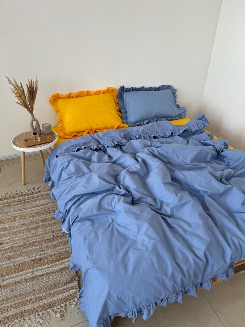 Soft Ruffled Bedding Set Blue and Yellow Pillow Case, Duvet Cover
