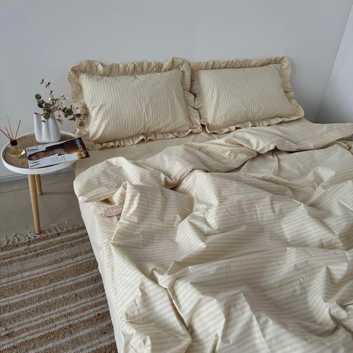Elegant Beige Striped Bedding Set With Ruffles - Soft Cotton Bed Linens and Pillowcases - Etsy