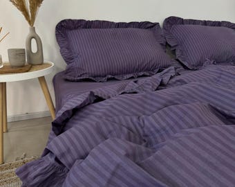 Dark Lavender Ruffled Striped Cotton Bedding Set, Duvet Cover, Pillowcases, Sheets