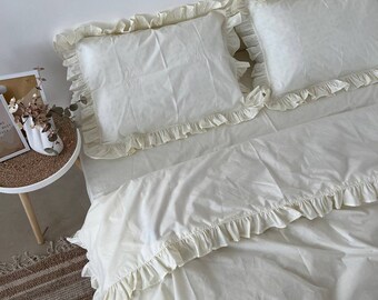 Ruffle Bedding Milk color 100% Cotton Bedding Set 4 pcs Duvet Covers, Pillow Cases, Fitted Sheets. Custom Size