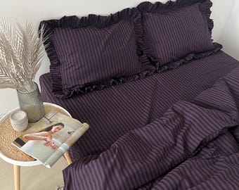 Stripe Ruffle Bedding 100 Cotton 4 Piece Set : Duvet Cover, 2 Pillowcases, Fitted Sheet or Flat Sheet. Custom Size