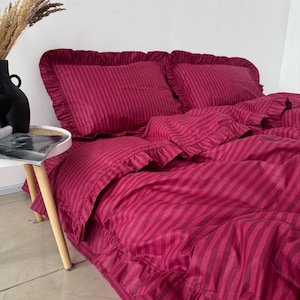 Red Stripe Ruffle Bedding Set: 100 Cotton Duvet Cover, Pillowcases ...
