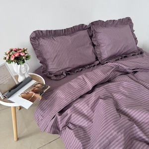 Stripe Bedding Set with Ruffles – 4 Pieces (2 Pillowcases, Duvet Cover, Flat or Fitted Sheet). 100 Cotton. Custom Size