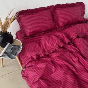 Red Stripe Ruffle Bedding Set: 100 Cotton Duvet Cover, Pillowcases, Sheet