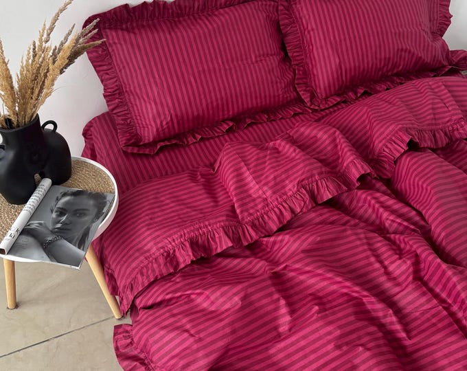 Red Stripe Ruffle Bedding Set: 100% Cotton Duvet Cover - Etsy