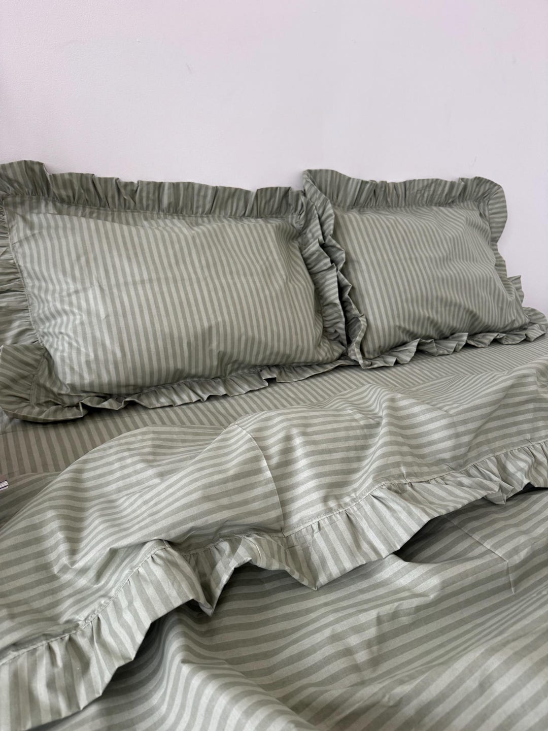 Green Stripe Ruffle Bedding Set: 100 Cotton Duvet Cover, Pillowcases ...