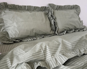Green Stripe Ruffle Bedding Set: 100 Cotton Duvet Cover, Pillowcases, Flat or Fitted Sheet