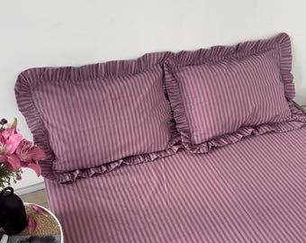 Set of 2 Powder Stripe Pillowcases 100% Cotton. Ruffled Pillowcases. Custom size