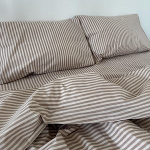 Stripe Beige Bedding Set: Duvet Cover, Pillowcases, Flat or Fitted Sheet – Custom Sizes Available
