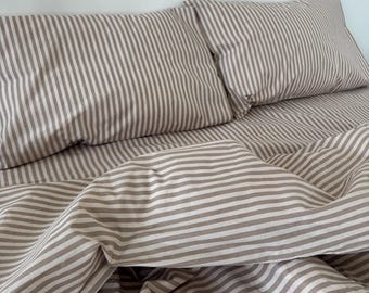 Stripe Beige Bedding Set: Duvet Cover, Pillowcases, Flat or Fitted Sheet – Custom Sizes Available