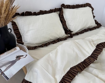 Parure de lit à volants et rayures marron : housse de couette 100 coton, taies d'oreiller, drap plat ou drap-housse