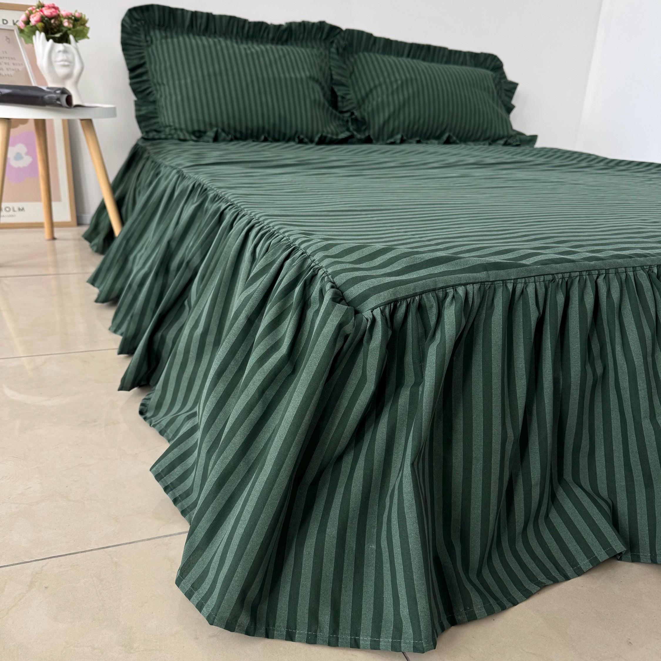 Green Striped Ruffled Fitted Sheet Bed Skirt - Elastic Bed Sheet for Comfortable Sleep, Soft Cotton Sheet Bedding  in Various Colors