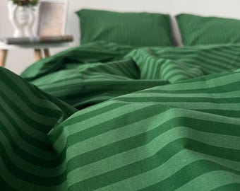 Green Striped Duvet Cover | Cotton Duvet Cover | Twin, Full, Queen, Double, King, Custom Size