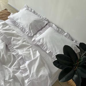 White Ruffle Cotton Bedding Set: Custom Size Duvet Cover & Pillow Cases