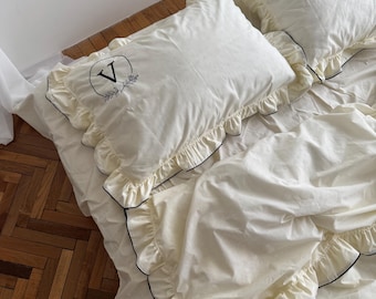 Vintage Style Cotton Bedding Set: Ruffle Edge Duvet Cover & Pillowcases