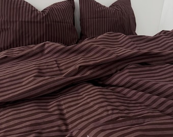 Brown Striped Bedding - Set 4 pc - Duvet Cover, Flat or Fitted Sheet,Pillow Case. Full, Twin, Double, Queen, King, Custom Size