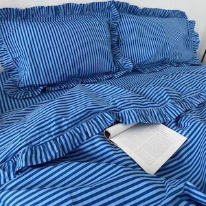 Blue Striped Duvet Cover | Cotton Duvet Cover | Twin, Full, Queen, Double, King, Custom Size