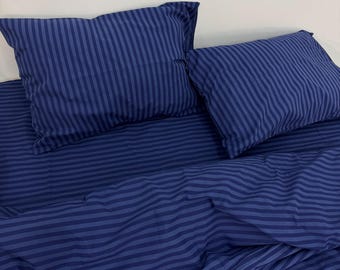 Stripe Blue Bedding Set: Duvet Cover, Pillowcases, Flat or Fitted Sheet – Custom Sizes Available