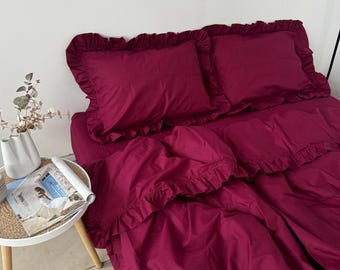 Burgundy Ruffle Bedding Set: 100 Cotton Duvet Cover,  Pillowcases, Fitted or Flat Sheet