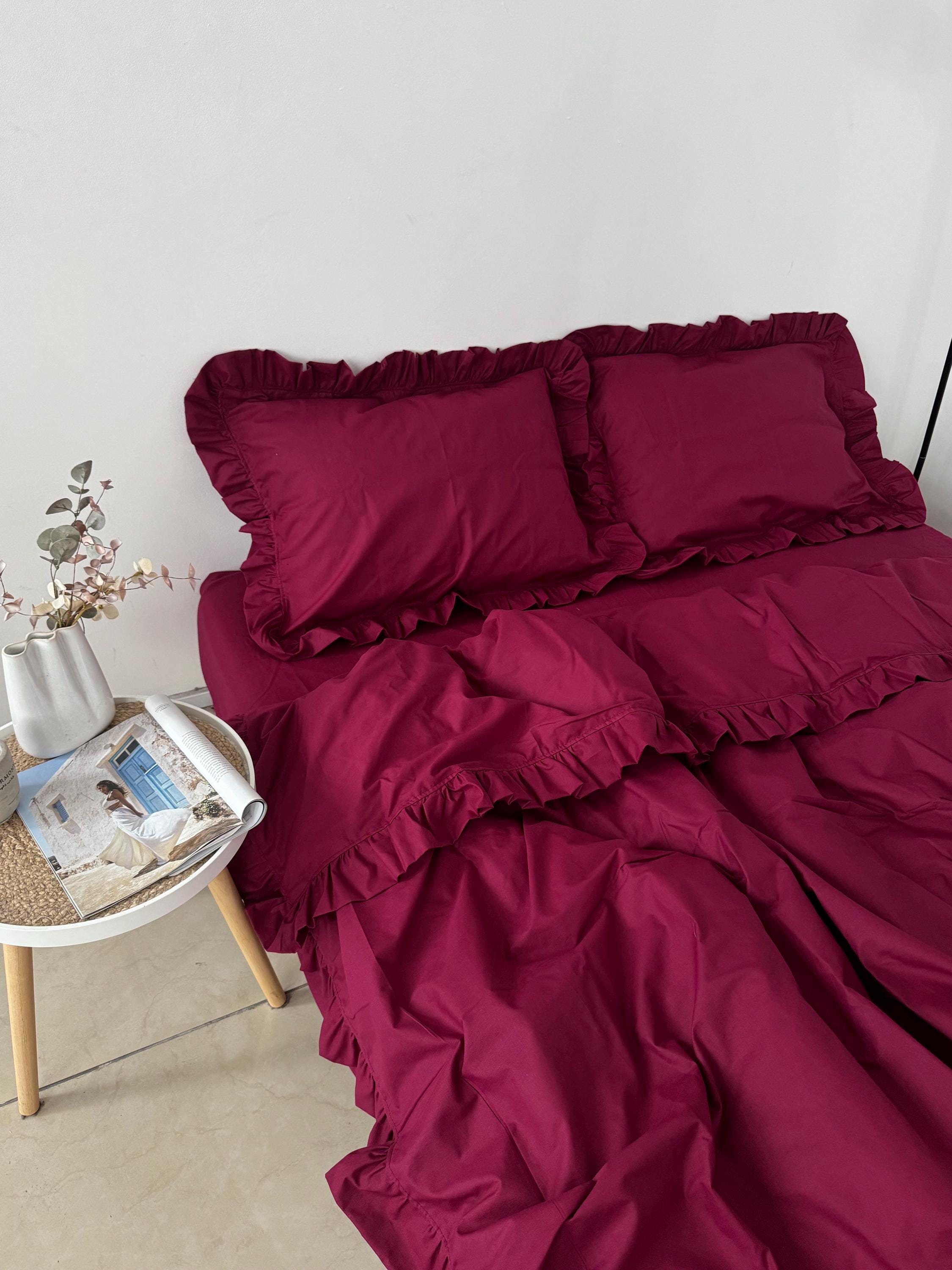 Burgundy Ruffle Bedding Set: 100 Cotton Duvet Cover, Pillowcases ...