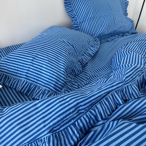 Ruffled Striped Blue Cotton Bedding Set: Duvet Cover, Pillowcases