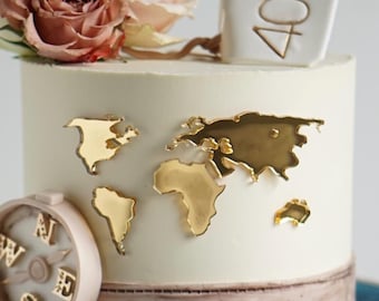 MINIOWELOVE | Cake decor WORLD MAP with airplane | World map cake decoration | Weltkarte für Torte | Gold Cake Weltkarte | Plexi World maps
