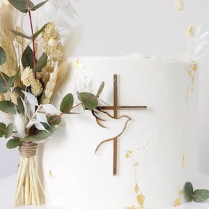 MINI-AMOUR | Décoration de gâteau CROIX avec un ensemble COLOMBE | décoration de gâteau en forme de croix | Croix avec un Taube | croix acrylique dorée | croix en or deux pièces