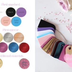 May include: A color swatch set featuring circular samples labeled Plexi standard, Plexi mirror, and Additional materials. Colors include white, black, purple, pastel pink, baby blue, gold, silver, rose gold, pink, blue, red, plywood, and glitter pink.