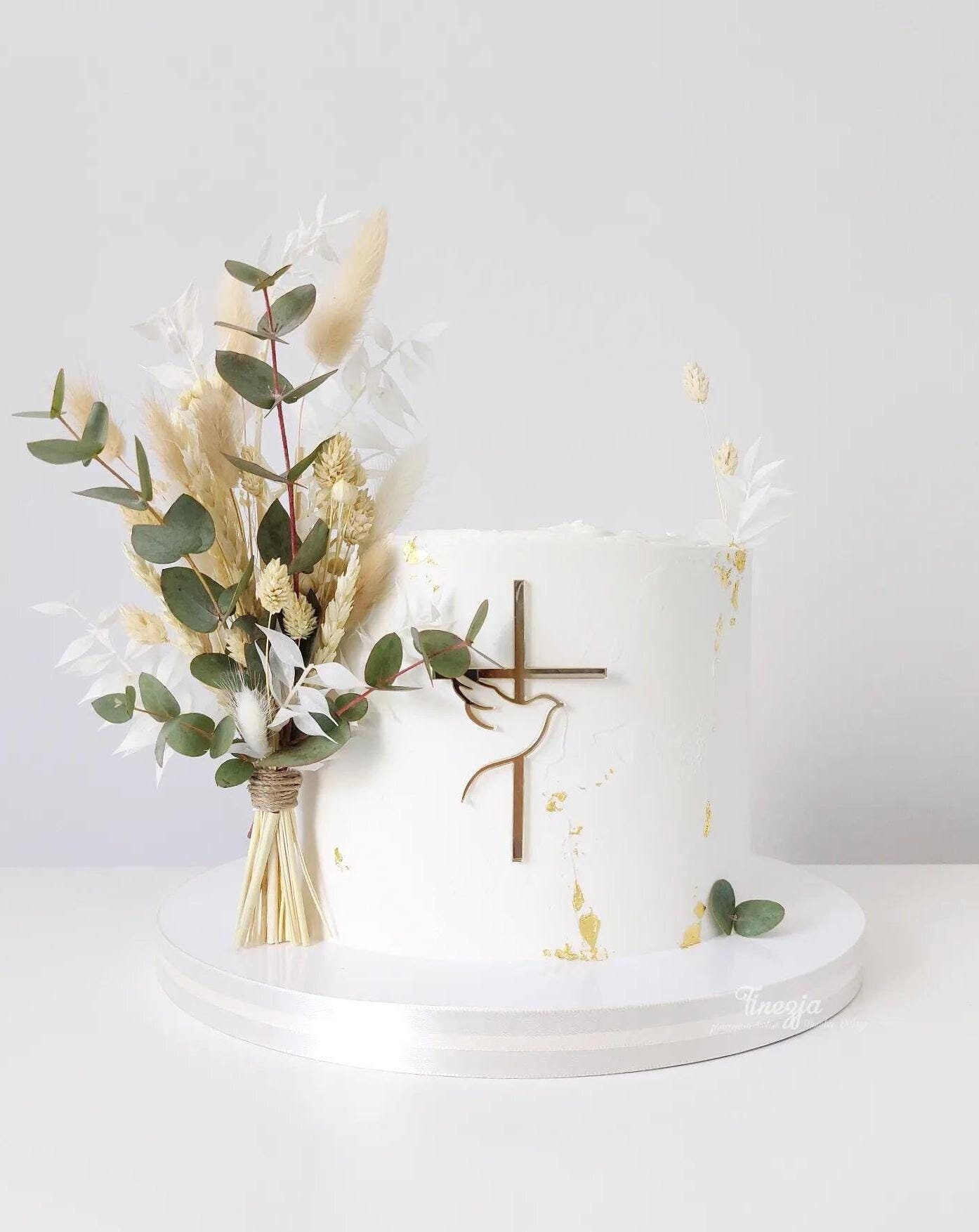MINIOWELOVE | Cake decor CROSS with a DOVE set | cross cake topper | Kreuz mit einer Taube | gold acrylic cross | gold cross two pieces