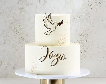 MINIOWELOVE | Cake decor Dove with a twig + name | communion decor topper SET | dove topper + cake name | Cake topper Plexi with Name + dove