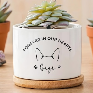 May include: A white ceramic planter with the text "Forever in our Hearts" and a dog silhouette, holding a succulent plant. The planter sits on a wooden coaster, with two other succulent plants in terracotta pots in the background.