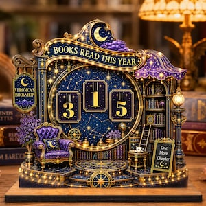 May include: A decorative book nook diorama titled "BOOKS READ THIS YEAR" with a "VERONICA'S BOOKSHOP" sign, a purple armchair, a bookshelf with a ladder, and a central display showing the number 315, all illuminated with warm LED lights.