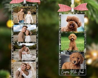 May include: Clear acrylic Christmas ornament with a red and white gingham bow. One ornament features three photos of a couple with the names "Anna & Henry" and the year "2025". The other ornament has three photos of a brown poodle with the names "Cooper, Milo, Jack".