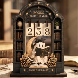 Könnte beinhalten: Ein schwarzer, bogenförmiger Bücher-Tracker aus Holz mit Regalen für Miniaturbücher, einen Globus und eine Pflanze. In der Mitte sitzt ein weißes Geist-Figürchen auf einer Mondsichel und liest, mit Klappkarten für 238 und der Aufschrift SOPHIE'S LIBRARY.