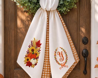 Personalized Fall Wreath Sash, Embroidered Pumpkin Sunflower Monogram Door Bow, Thanksgiving Front Door Decor, Autumn Housewarming Gift