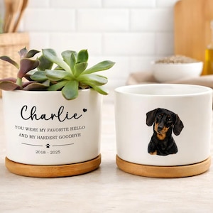 May include: Two white ceramic planters with wooden bases. One planter has a succulent plant and the name "Charlie" with text below. The other planter features a black and brown dachshund illustration.