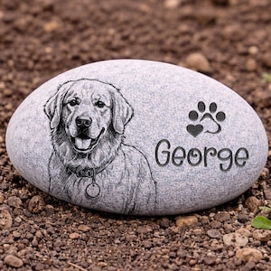 May include: Gray engraved stone with a smiling dog portrait, paw print, and the name "George". The dog has a collar with a tag. The stone is set on a bed of brown soil.