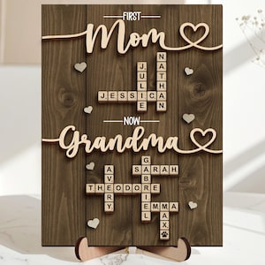 Personalized Scrabble Family Name Sign, First Mom Now Grandma Wooden Frame, Mom Puzzle Sign Gift, Mothers Day Gift For Grandma, Mom Gifts