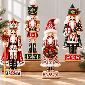 May include: Four decorative nutcracker figurines standing on rectangular bases. Each figure features detailed red, green, and white painted uniforms with snowflake and tree patterns, white faux fur trim, and painted facial features.
