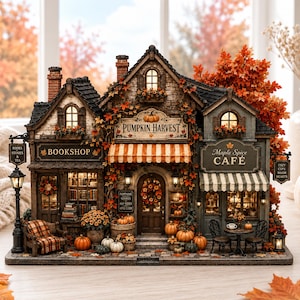 May include: A miniature illuminated building set featuring a bookshop, a pumpkin harvest store, and a cafe. The structure is decorated with autumn leaves, pumpkins, and striped awnings. Signs read Bookshop, Pumpkin Harvest, and Maple Spice Cafe.