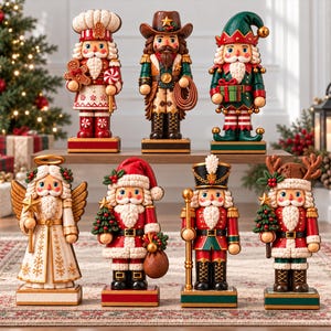 May include: A collection of seven decorative nutcracker figurines standing on rectangular bases. The figures include a chef, a cowboy, an elf, an angel, Santa Claus, a soldier, and a reindeer, each featuring detailed festive attire and accessories.