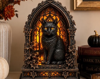 Gothic Black Cat Wooden Book Nook, Halloween Shelf Decor, Candle Holder Witchy Cat Accent, Spooky Autumn Home Decor, Black Cat Lover Gift