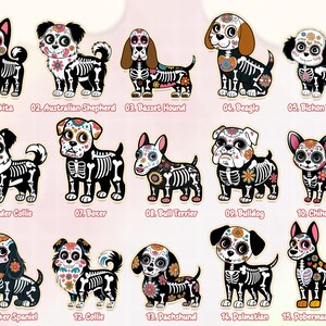 May include: A collection of fifteen dog breed illustrations, each featuring a Day of the Dead sugar skull design. The dogs are depicted with skeleton bodies and colorful floral patterns on their heads and bodies. Breeds include Akita, Beagle, and Doberman Pinscher.