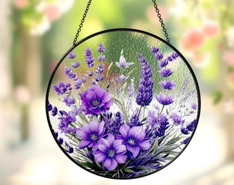 Violet Flower Stained Glass Suncatcher Window Hanging,Violet Flower Art Decor,Mother Day Gift For Mom Grandmother,Home Indoor Outdoor Decor