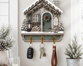 Christmas Key Holder, Winter Cottage Wall Decor, Cozy Home Key Rack, Rustic Holiday House Sign, Housewarming GIFT 2026, Entryway Organizer