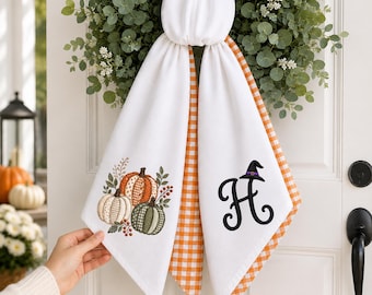 Personalized Halloween Wreath Sash, Pumpkin Monogram Door Bow, Embroidered Fall Decor, Witch Hat GIFT 2026, Thanksgiving Front Door Accent