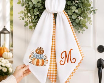 Embroidered Personalized Pumpkin Wreath Sash, Fall Monogram Door Bow, Thanksgiving Front Door Decor, Autumn Housewarming Harvest Home Accent