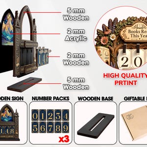 May include: A wooden book tracker display featuring a 5 mm wooden frame, 2 mm acrylic mountain art, and 2 mm wooden number tiles. The set includes a wooden base, three packs of number cards, and a giftable box. The sign reads Books Read This Year.